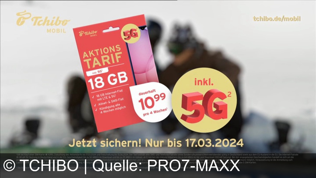 TV Werbung tchibo - Tchibo mobil Winteraktion: 18 GB LTE & 5G Internet-Flat für 10,99€/4 Wochen, inkl. SMS- & Telefonie-Flat in DE/EU. Bis 17.03.2024 buchbar, Kündigung 4-wöchentlich. Infos: tchibo.de/mobil.
