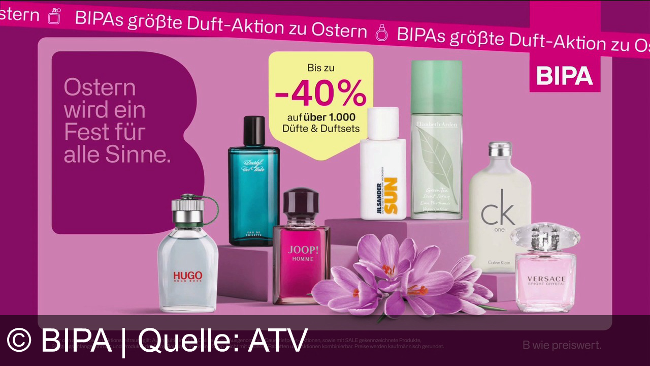 TV Werbung bipa - Ostern wird ein Fest für alle Sinne! BIPAs größte Duftaktion mit Marken wie HUGO, JOOP!, CALVIN KLEIN und VERSACE. Bis zu -40% auf über 1000 Düfte.