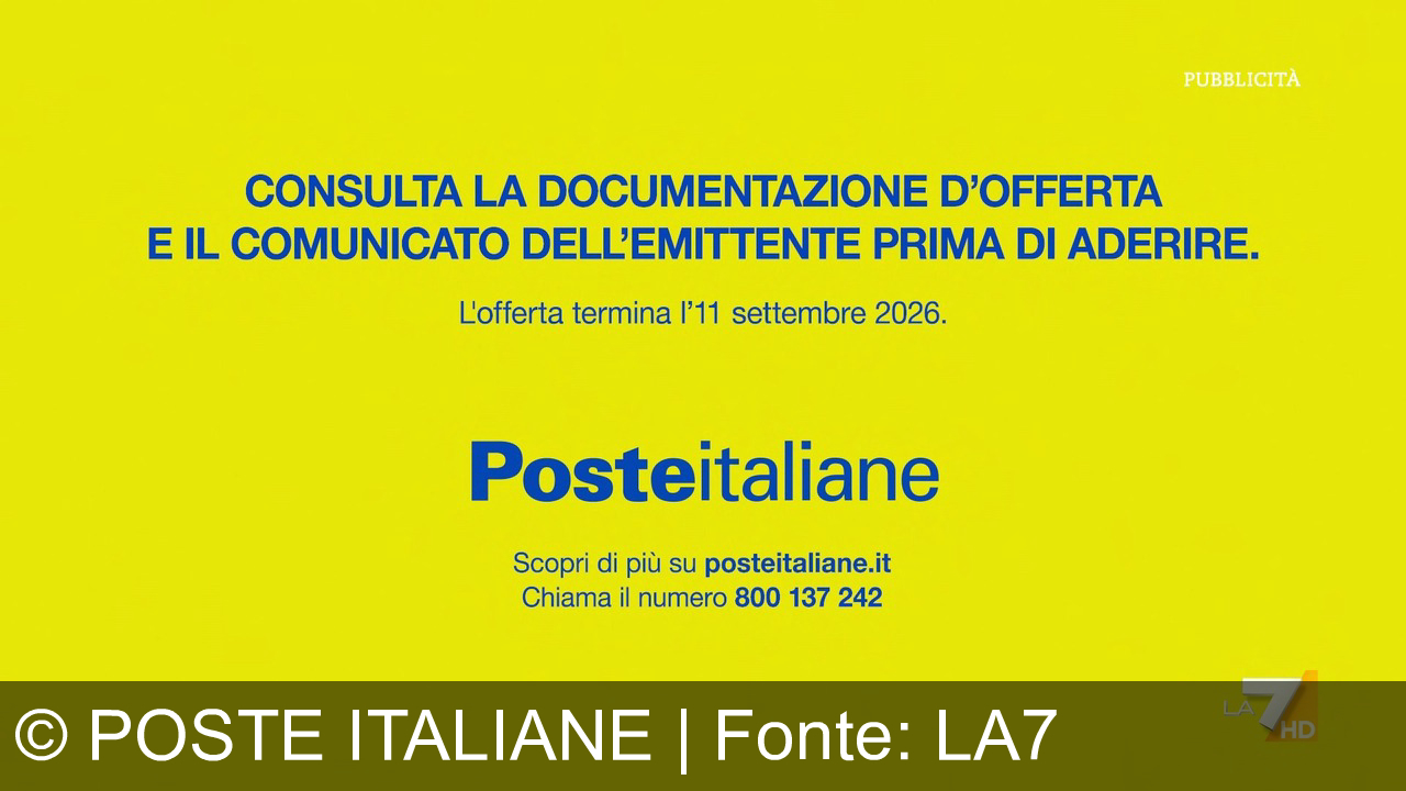 TV Werbung poste italiane - Sei un azionista TIM? Scopri i vantaggi dell'OPAS di Poste Italiane e aderisci entro l'11 settembre 2026. Rivolgiti alla tua banca o intermediario!