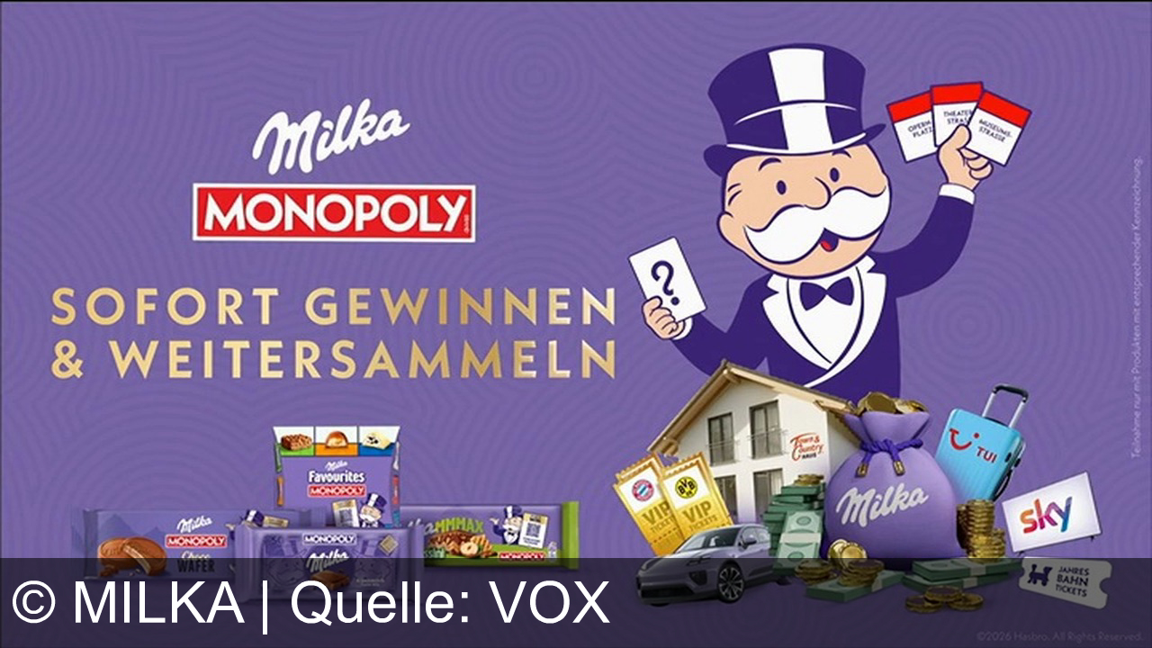 TV Werbung milka - Zartschmelzende Milka aus Alpenmilch verbindet. Spiel jetzt Milka Monopoly und gewinne tolle Preise wie Reisen oder Bahntickets.