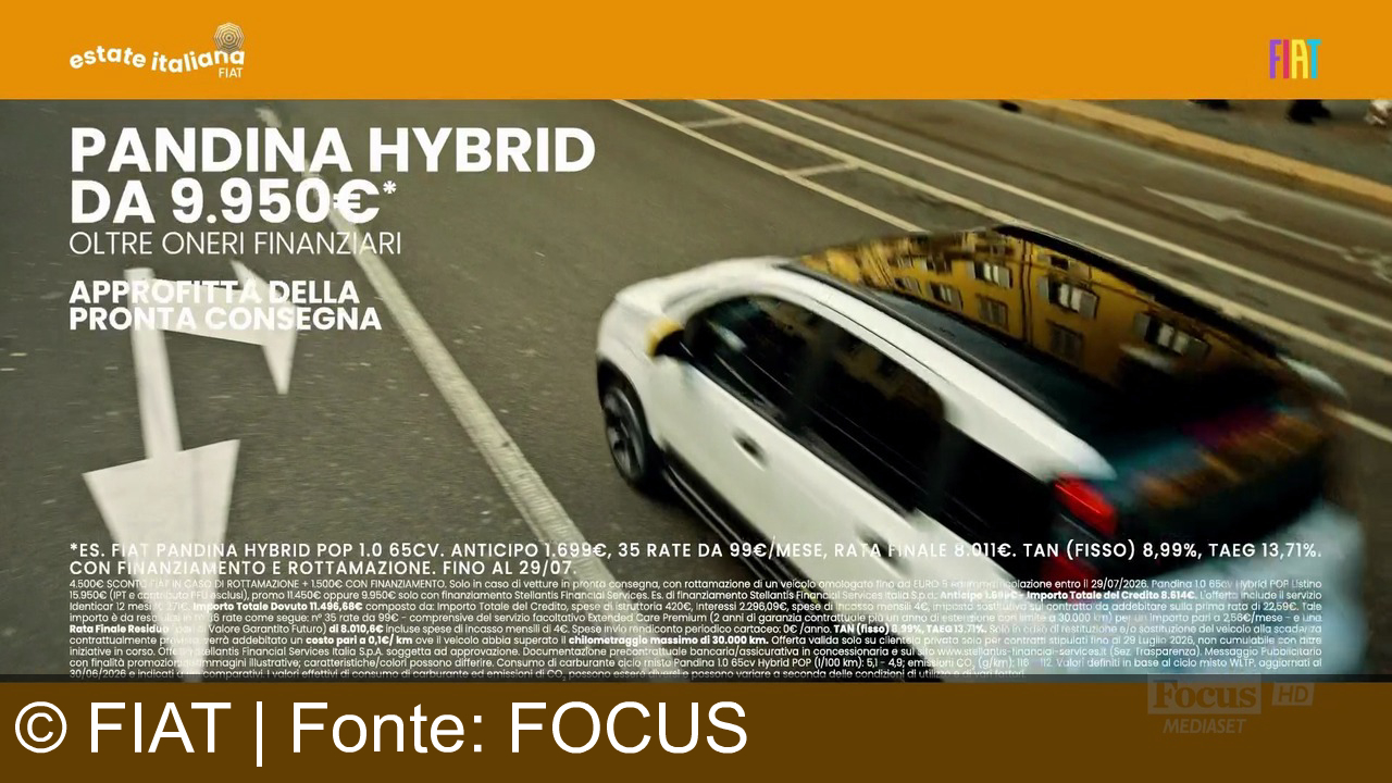 TV Werbung fiat - Torna a casa con l'estate italiana Fiat Pandina Hybrid da 9.950€. Guida la Fiat 500e e la Pandina tra panorami mozzafiato. Approfitta della pronta consegna.