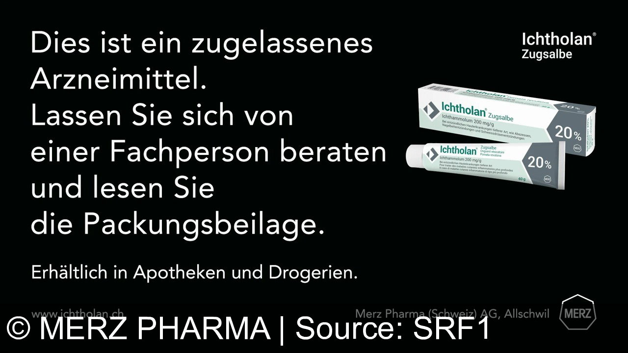 TV Werbung merz pharma - Ichtholan Zugsalbe: Zieht Hautentzündungen sanft heraus. Für gesunde Haut bei Nagelbett- und Schweißdrüsenentzündungen. Vertrauen Sie auf bewährte Medizin. Erhältlich in Apotheken und Drogerien.