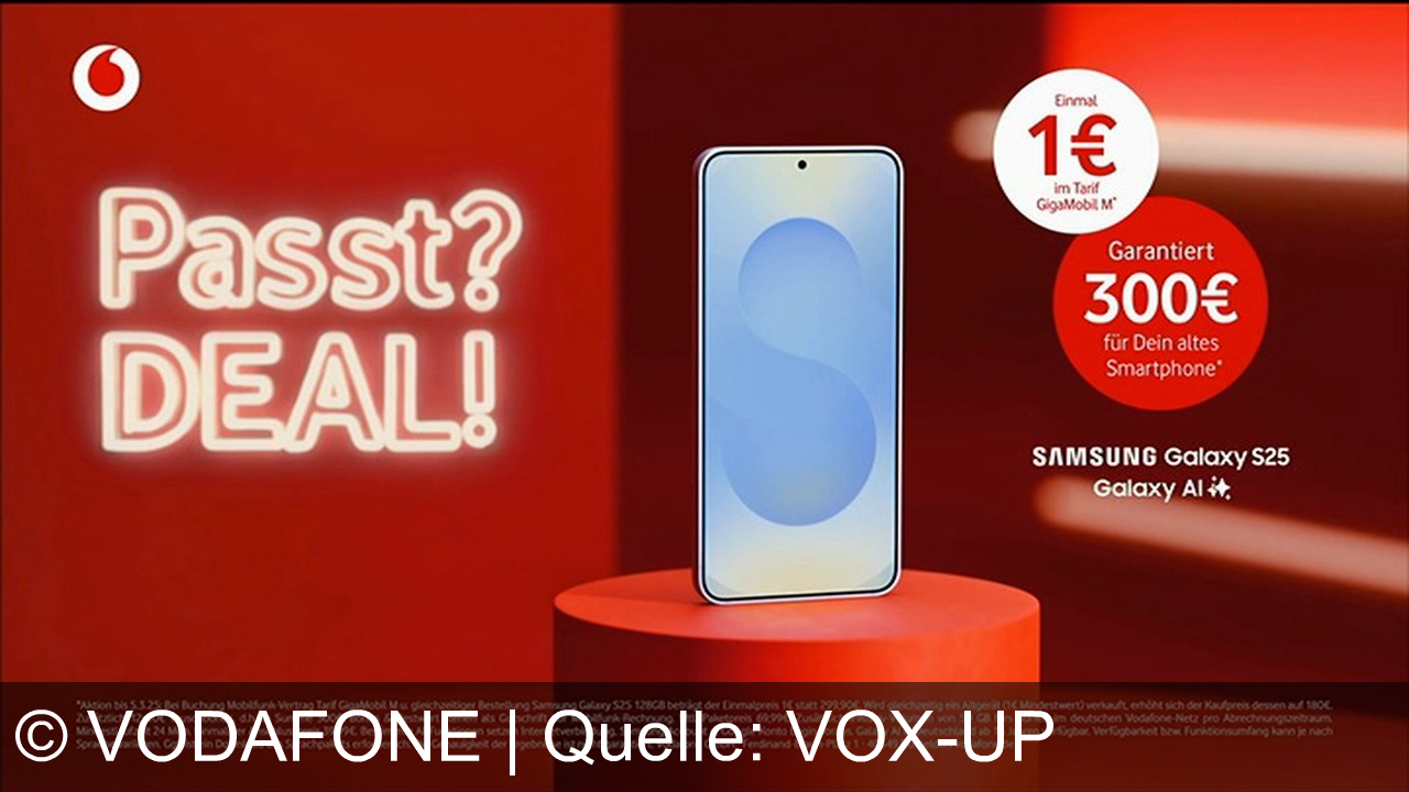 TV Werbung vodafone - Sichere dir 240€ Willkommensrabatt und 120€ bei Rufnummernmitnahme im starken 5G-Netz. Hol das Samsung Galaxy S25 für 1€ und erhalte 300€ für dein altes Smartphone. Together we can!