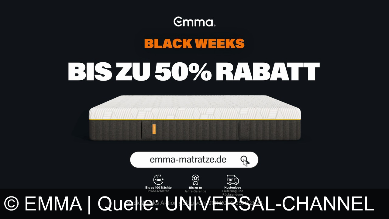 TV Werbung emma - Sichere dir während der Emma Black Weeks bis zu 50% Rabatt auf Matratzen. Teste 100 Nächte, erhalte 10 Jahre Garantie. Aktion gültig vom 01.11. bis 05.12.2024 auf emma-matratze.de.