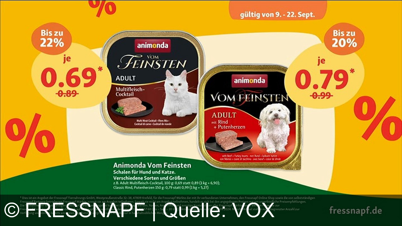 TV Werbung fressnapf - Fressnapf bietet bis zu 22 % Rabatt auf Animonda Vom Feinsten für Hunde und Katzen. Verschiedene Sorten ab 0,69 €. Gültig vom 9. bis 22. September. Details auf fressnapf.de.