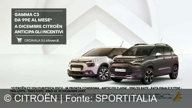 TV Werbung citroën - Approfitta degli incentivi anticipati da Citroen a dicembre per la gamma C3 a soli 99 euro al mese. Ordina la tua Citroen C3 You PureTech 83CV su citroen.it.