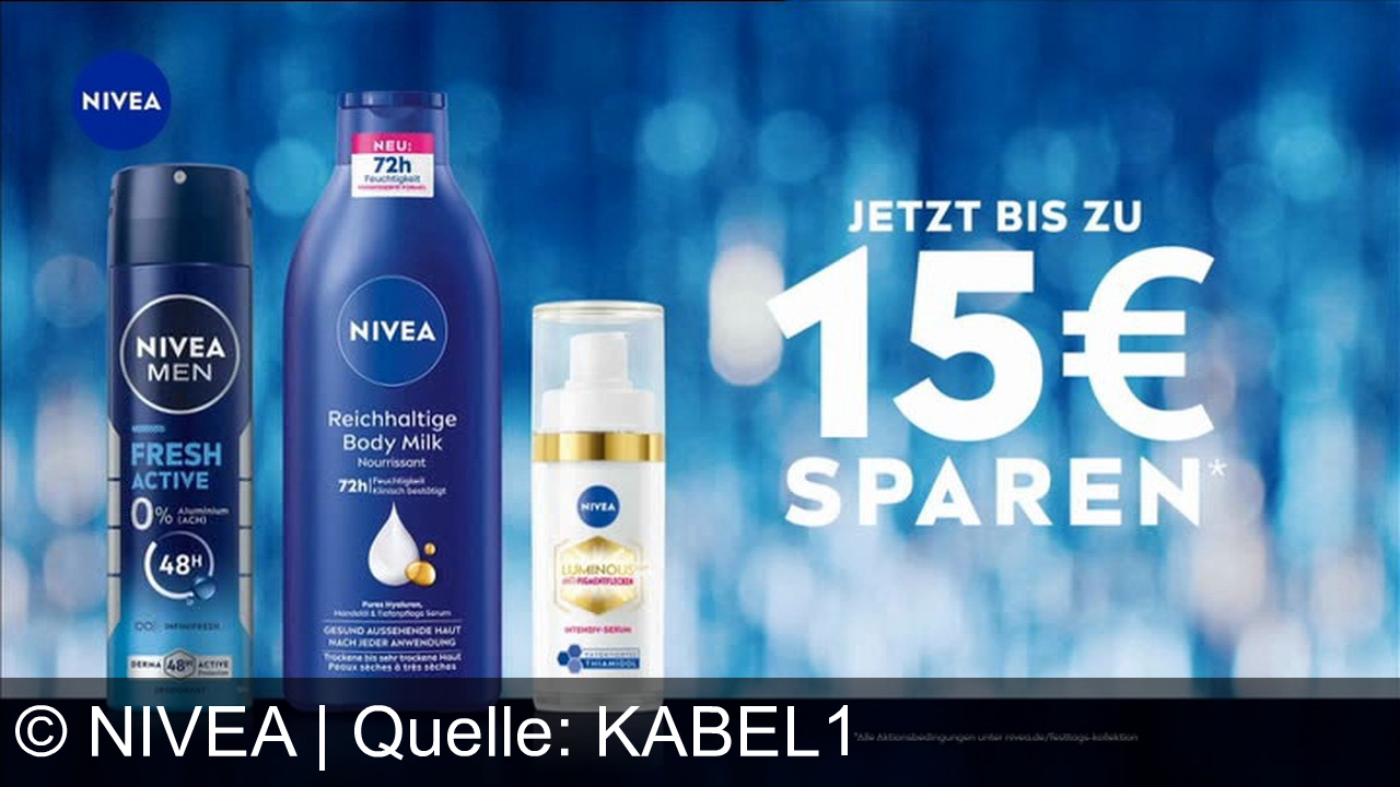 TV Werbung nivea - Reduziere Altersflecken und Falten sichtbar mit dem Nivea Luminous Anti-Altersflecken-Serum – für strahlende, gesunde Haut. Jetzt bis zu 15 € auf Nivea-Produkte sparen!