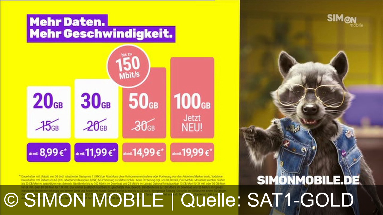 TV Werbung simon mobile - Mehr Daten, mehr Speed! Wechsle zu Simon Mobile und genieße 20 GB ab nur 8,99 € im Monat. Erlebe grenzenloses Surfen mit bis zu 150 Mbit/s. Jetzt auf simonmobile.de!