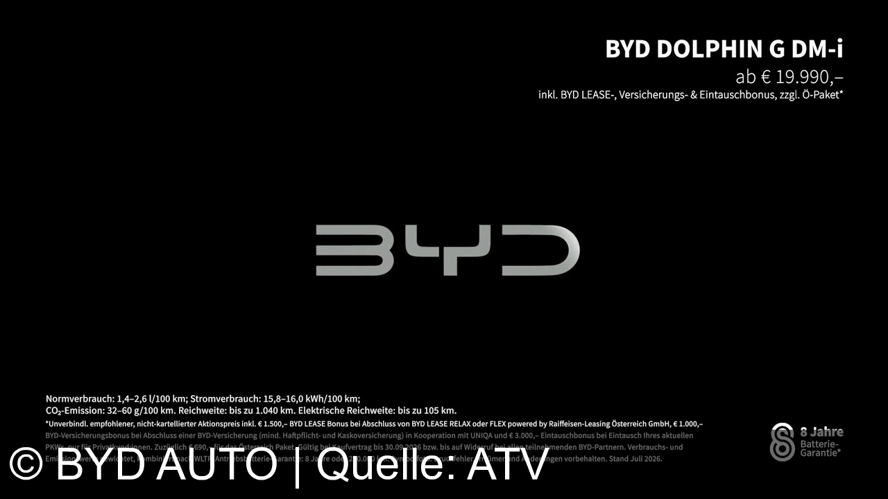 TV Werbung byd auto - BYD Dolphin DM-i: Der Super-Hybrid-Kleinwagen. Elektrisch weiterfahren, schneller laden, mehr mitnehmen. Jetzt ab € 19.990 probefahren. Build Your Dreams.
