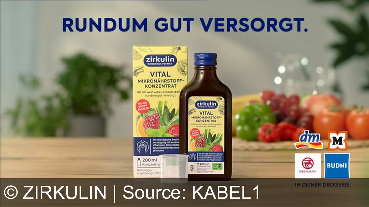 TV Werbung zirkulin - Unser Morgen kann ziemlich hektisch sein und nicht alle achten dabei auf ihre Gesundheit. Zirkulin Vital Mikronährstoffkonzentrat liefert 66 wertvolle Inhaltsstoffe aus Obst, Gemüse und Kräuterextrakten. Nur 10 Milliliter täglich unterstützen den gesamten Körper für meine Liebsten und mich. Der perfekte Start in den Tag. Jetzt neu. Zirkulin Vital Mikronährstoffkonzentrat. Rundum gut versorgt.