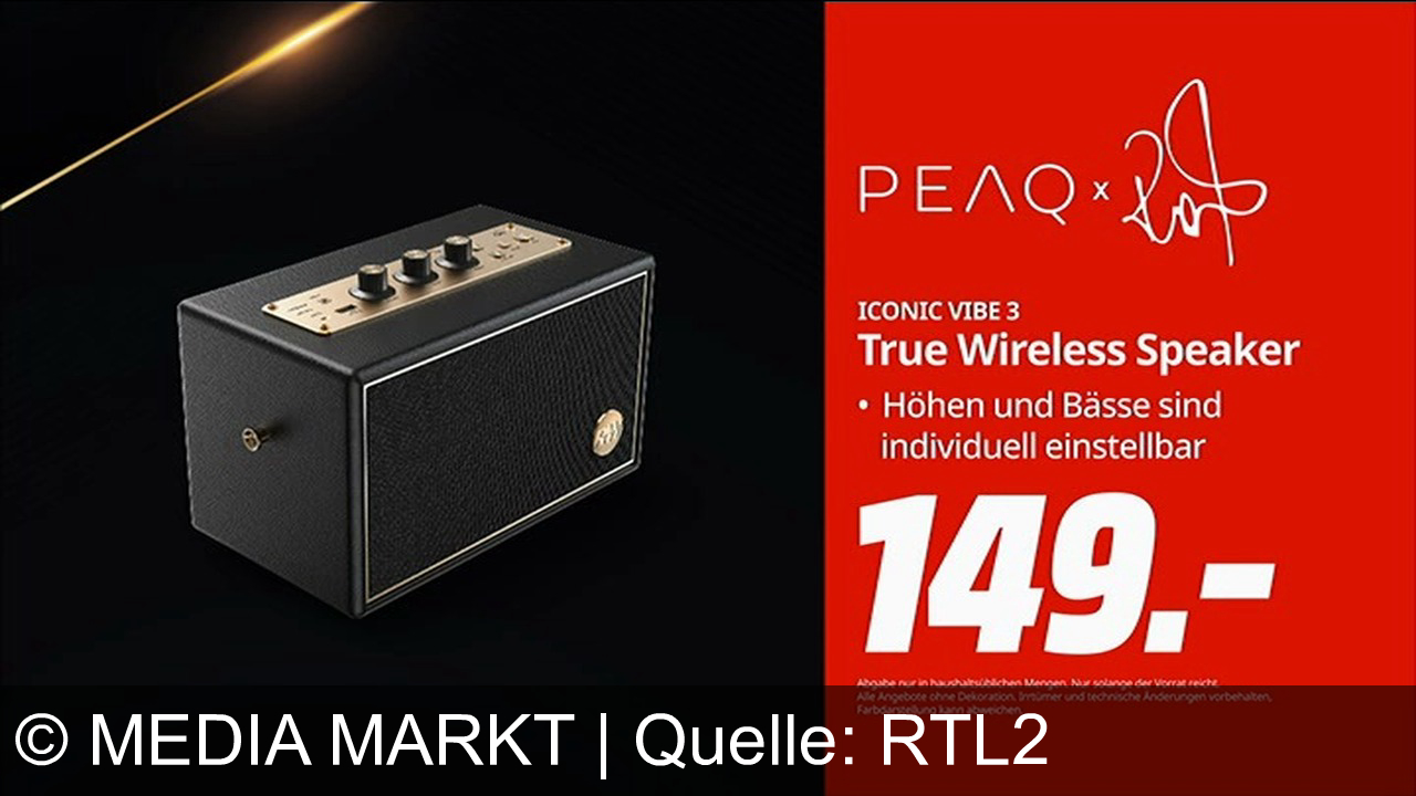 TV Werbung media markt - Erlebe den Sound von Robbie Williams mit dem PEAQ Iconic Vibe 3 – True Wireless Speaker. Perfekte Höhen und Bässe, exklusiv bei Saturn und Media Markt. Nur 149 Euro!