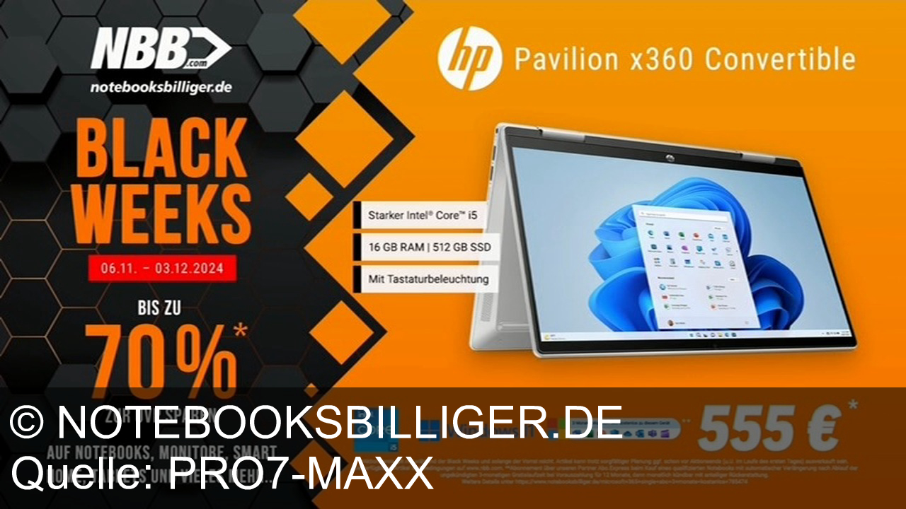 TV Werbung notebooksbilliger.de - NBB.com feiert 20 Jahre mit Black Weeks: Notebooks, Monitore und mehr bis zu 70% günstiger. Hol dir das HP Pavilion x360 mit Intel Core i5 für nur 555 Euro. Angebote vom 06.11. bis 03.12.2024.