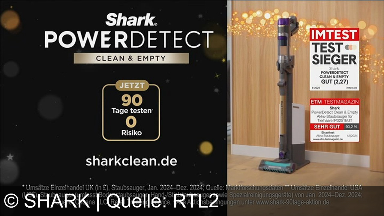 TV Werbung shark - Shark Power Detect: Der smarte Akku-Staubsauger für Tierhaare mit Schmutzerkennung – Sieger bei IMTEST & ETM TESTMAGAZIN. Reinigen, entleeren, fertig. Jetzt testen auf sharkclean.de!