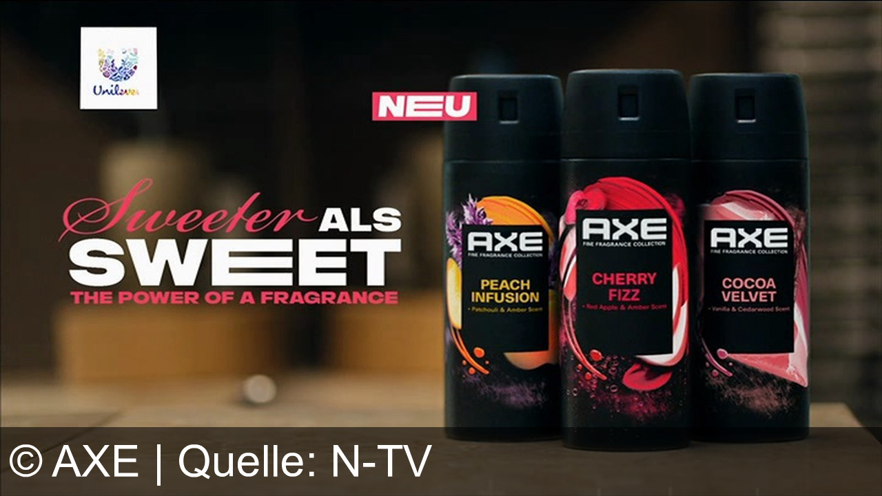 TV Werbung axe - Entdecke die süßesten Düfte mit der neuen Axe Fine Fragrance Collection: Peach Infusion, Cherry Fizz und Cocoa Velvet. Süßer als süß für unwiderstehliche Momente!