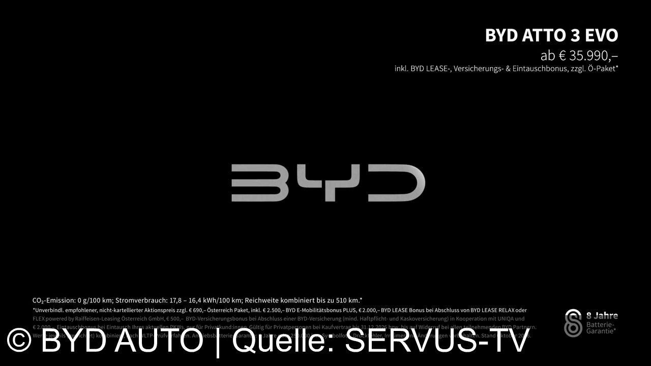 TV Werbung byd auto - BYD Atto 3 EVO: Lädt schnell, fährt vollelektrisch und bringt dich mit Allradantrieb sicher und komfortabel ans Ziel – mit bis zu 510 km Reichweite.