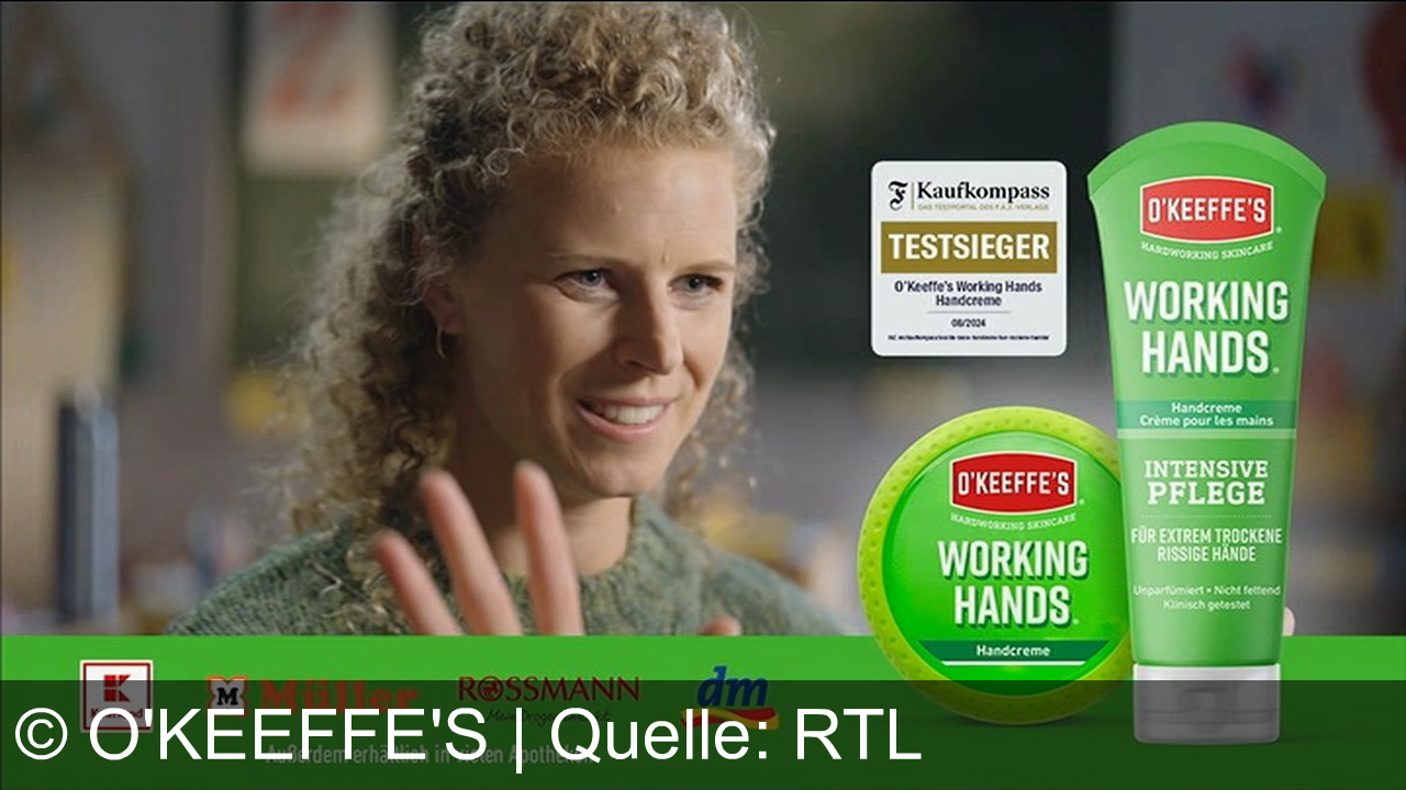 TV Werbung o'keeffe's - O'Keeffe's Working Hands pflegt extrem beanspruchte Hände, macht sie weich und geschmeidig. Unparfümiert, nicht fettend und klinisch getestet. Erhältlich bei Müller, Rossmann, dm, Kaufland und Apotheken.