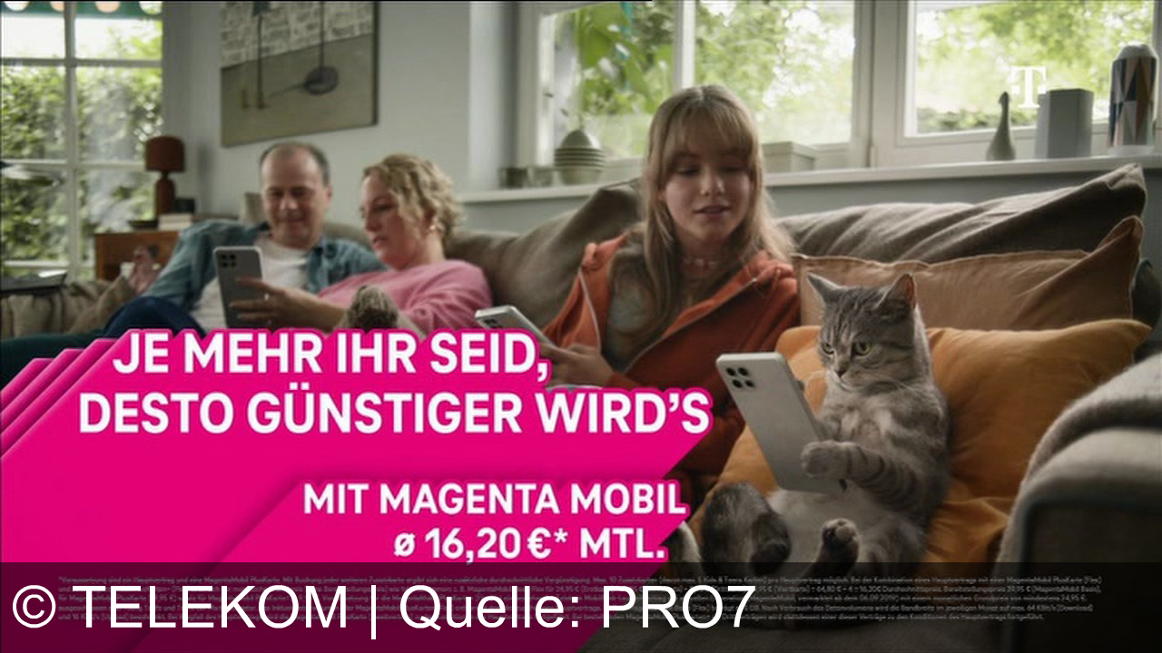 TV Werbung telekom - Telekom bietet mit MagentaMobil günstige Tarife: Vier Karten kosten im Schnitt nur 16,20 Euro pro Monat. Je mehr Nutzer, desto günstiger wird es. Ideal für Familien oder Gruppen.