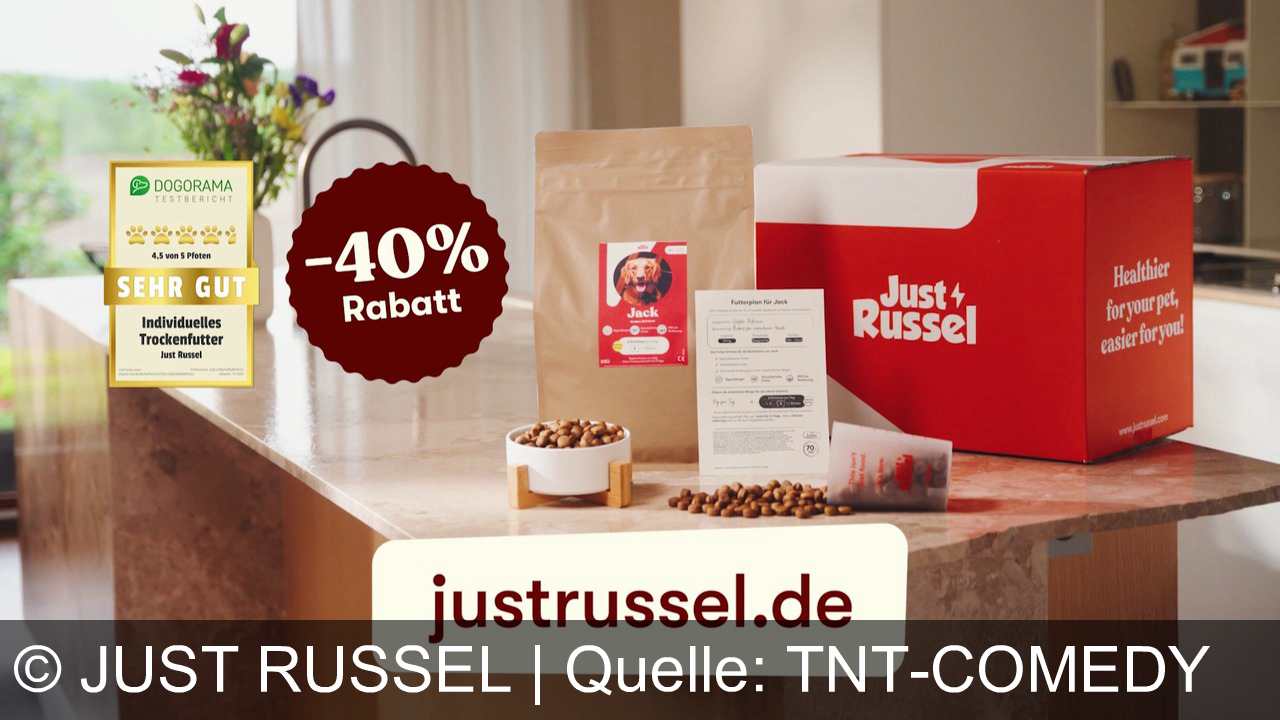 TV Werbung just russel - Just Russel – personalisiertes Futter für Hunde & Katzen. Natürlich, lecker und von Dogorama mit „Sehr gut“ bewertet. Jetzt auf justrussel.de 40% Rabatt sichern – gesund, individuell, bequem!