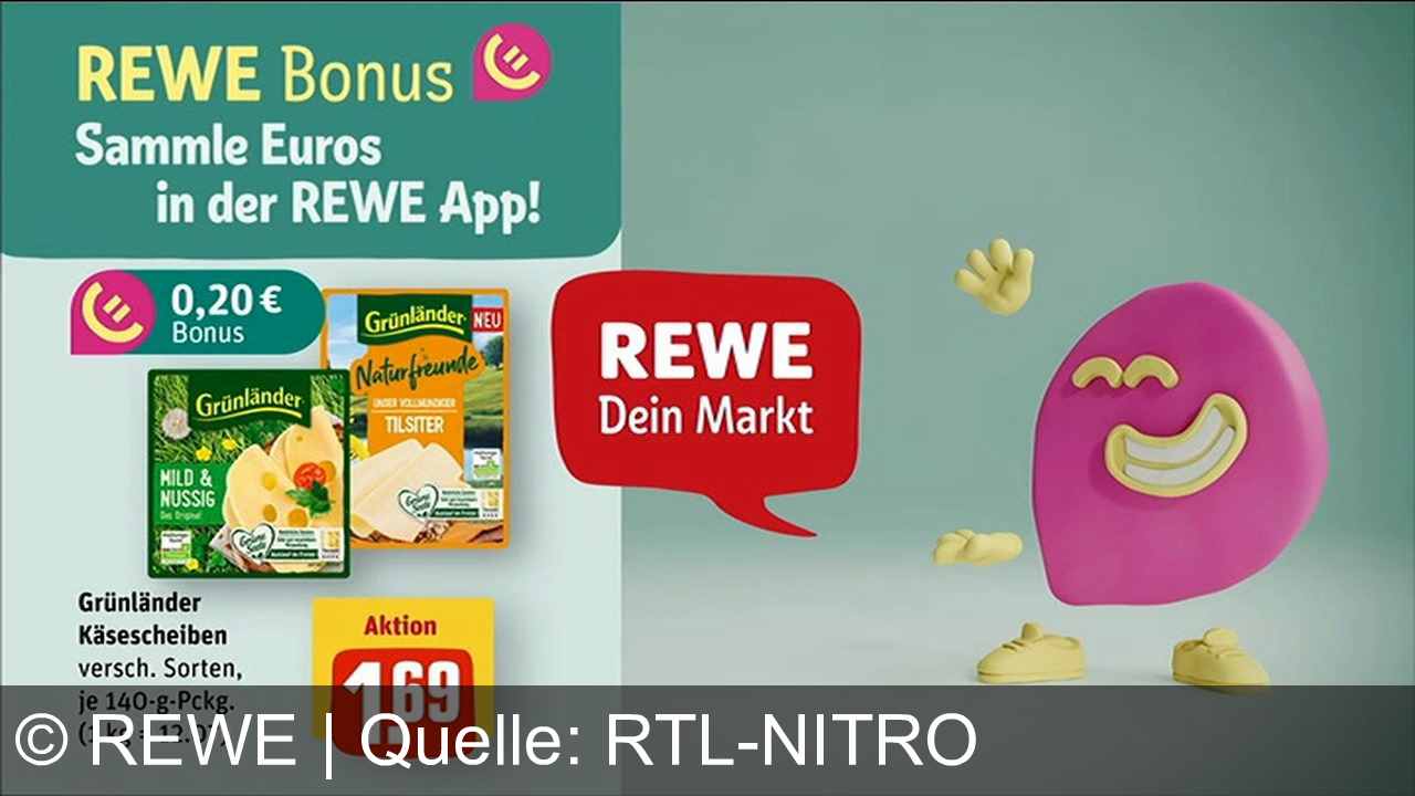 TV Werbung rewe - Jubelwochen bei REWE: Spare bei Valensina Saft & Grünländer Käse, sammle Bonus mit der REWE App! Mega-Angebote, mega-Sparen – REWE, dein Markt.