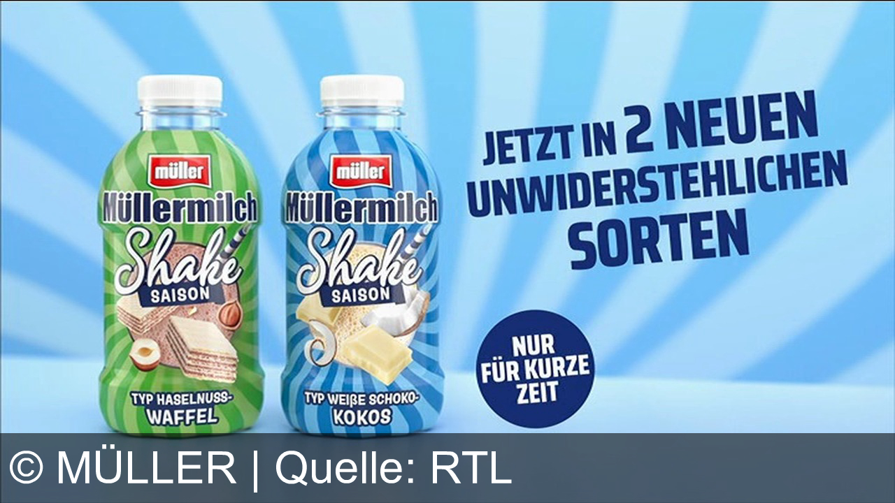 TV Werbung müller - Entdecke die neuen Müllermilch-Shake Sorten: Haselnuss-Waffel und Weiße Schoko-Kokos – saisonal begrenzt verfügbar für unwiderstehlichen Genuss.