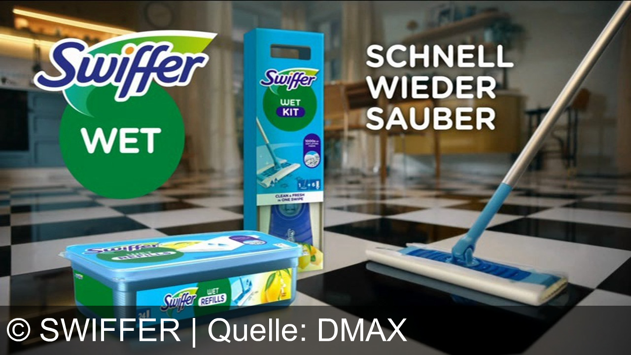 TV Werbung swiffer - Keine Zeit zum Putzen weil gleich das Date vor der Tür steht, und die Sauce frisch verschüttet ist? Zeit für Swiffer feuchte Bodentücher. Das neue Reinigungsvlies mit 1000 ultra saugfähigen Fasern entfernt Flecken mühelos in Sekunden. Für stundenlange Frische. Keine Chance für Schmutz. Swiffer feuchte Bodentücher. Schnell wieder sauber.
