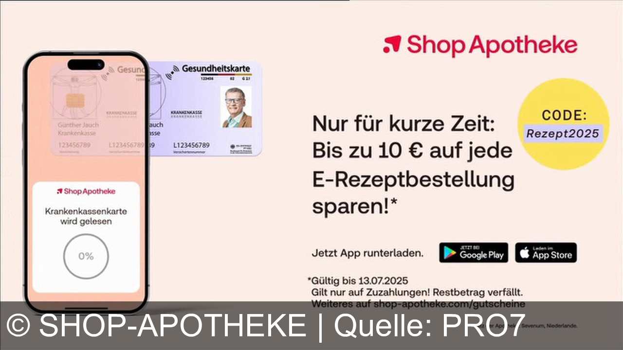 TV Werbung shop-apotheke - Nutze dein E-Rezept und sichere dir bis zu 10 € Rabatt. Günther Jauch empfiehlt: Jetzt App herunterladen und profitieren! Nur für kurze Zeit. Danke. Ja, wieso sollte ich mein E-Rezept in der Shop-Apotheke-App einlösen? Naja, zum Beispiel, weil Sie mit dem E-Rezept jetzt bares Geld sparen können. Also, ab jetzt nur noch in der App? Das können Sie selbst entscheiden. Ich gebe ja nur die Tipps. Aber in Ihrem Fall Shop-Apotheke-App. Okay.