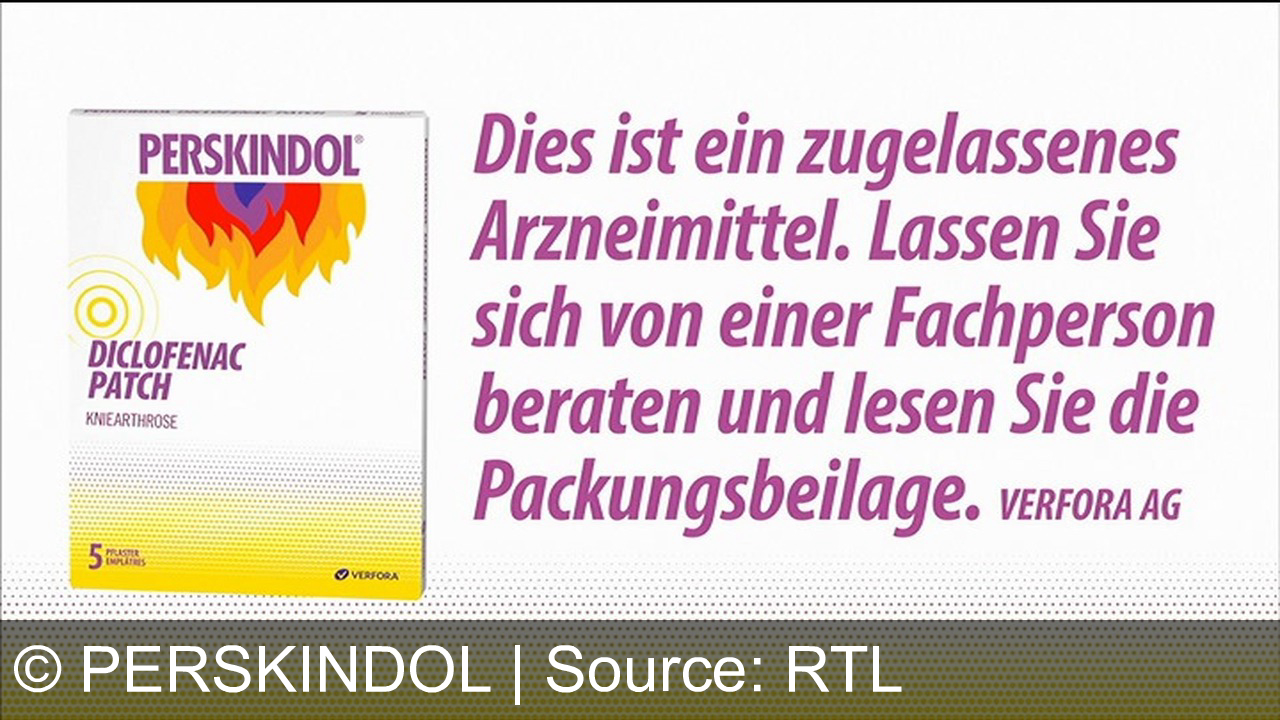 TV Werbung perskindol - Schmerzen stoppen, aktiv bleiben: Mit Perskindol Diclofenac Patch von VERFORA – stark gegen Kniearthrose, schmerzlindernd und entzündungshemmend. Jetzt neu als 5er Pack! Kniearthrose hier, Schmerzen da? Perskindol Diclofenac Patch ist stark gegen Schmerzen, wirkt schmerzlindernd und entzündungshemmend. Perskindol Diclofenac Patch, für mehr Freude an Bewegung. Dies ist ein zugelassenes Arzneimittel. Lassen Sie sich von einer Fachperson beraten und lesen Sie die Packungsbeilage.