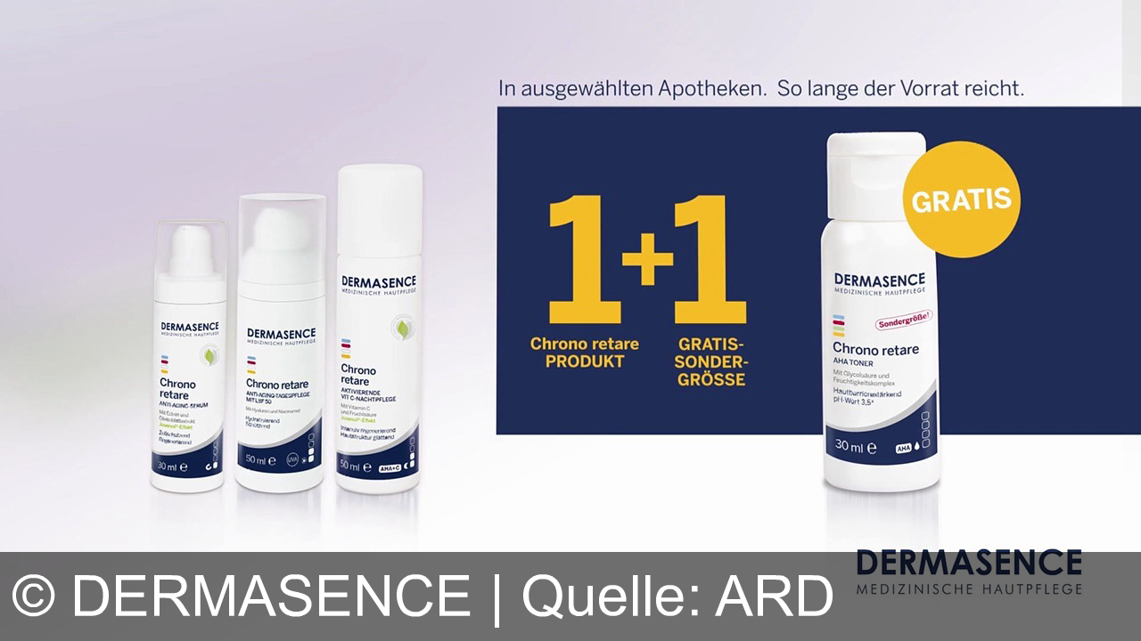 TV Werbung dermasence - Wechseljahre? Kein Problem: Dermasence CronoRetare mit Vitamin C und Fruchtsäuren – dermatologisch empfohlen, für spürbare Elastizität. Jetzt 1+1 gratis in Apotheken!