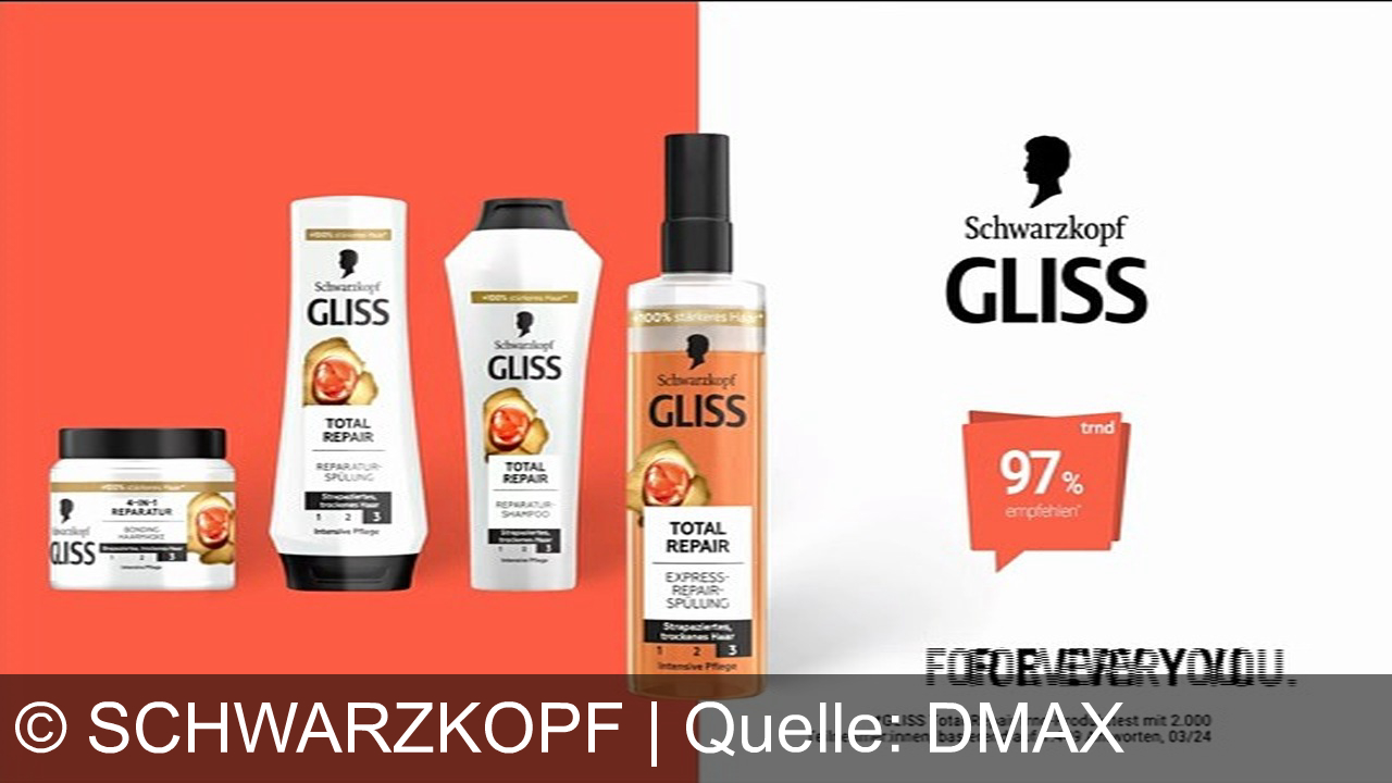 TV Werbung schwarzkopf - Schwarzkopf Gliss Total Repair – stärkt dein Haar mit Keratin, schützt vor Hitze, sorgt für sofortige Kämmbarkeit und verleiht Selbstvertrauen. Für 100% stärkeres, gesundes Haar!