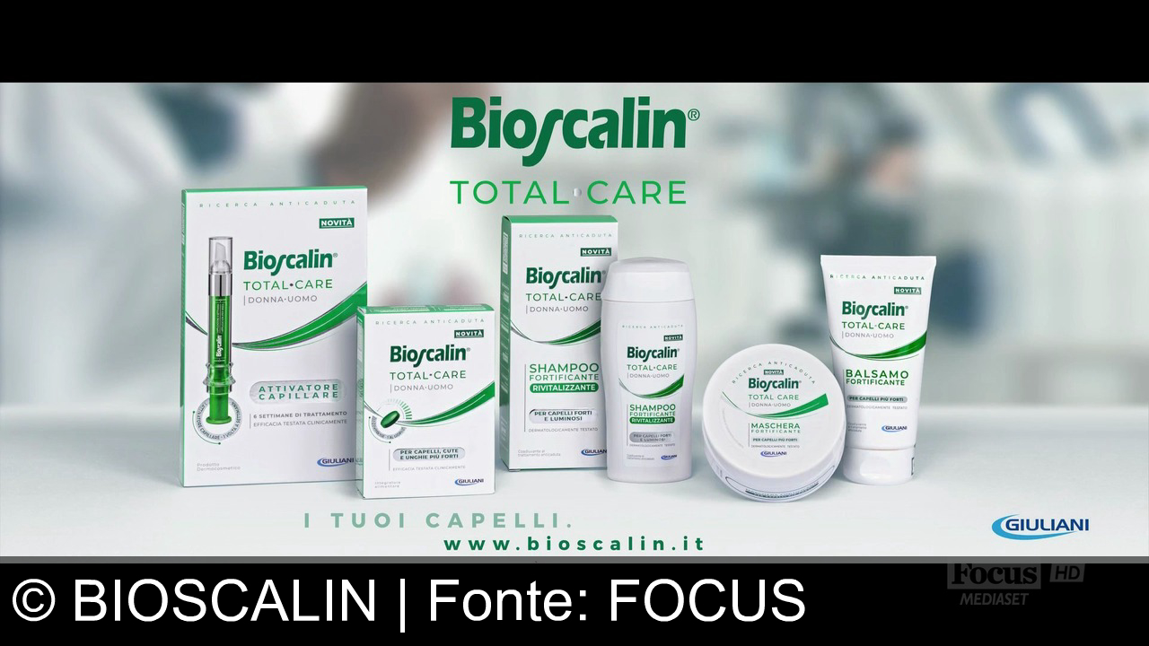 TV Werbung bioscalin - Bioscalin Total Care di Giuliani: shampoo, balsamo e maschera per capelli forti e luminosi, testati clinicamente. Donna e uomo, insieme verso la bellezza. Bioscalin, la tua forza quotidiana.