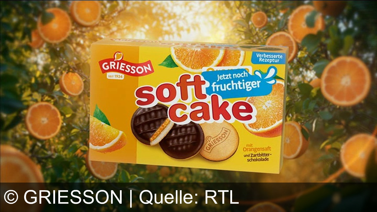 TV Werbung griesson - So fruchtig und zart, erlebe den neuen Soft Cake von Griesson – jetzt mit verbesserter Rezeptur, Orangensaft und Zartbitterschokolade. Fruchtigkeit neu erleben!