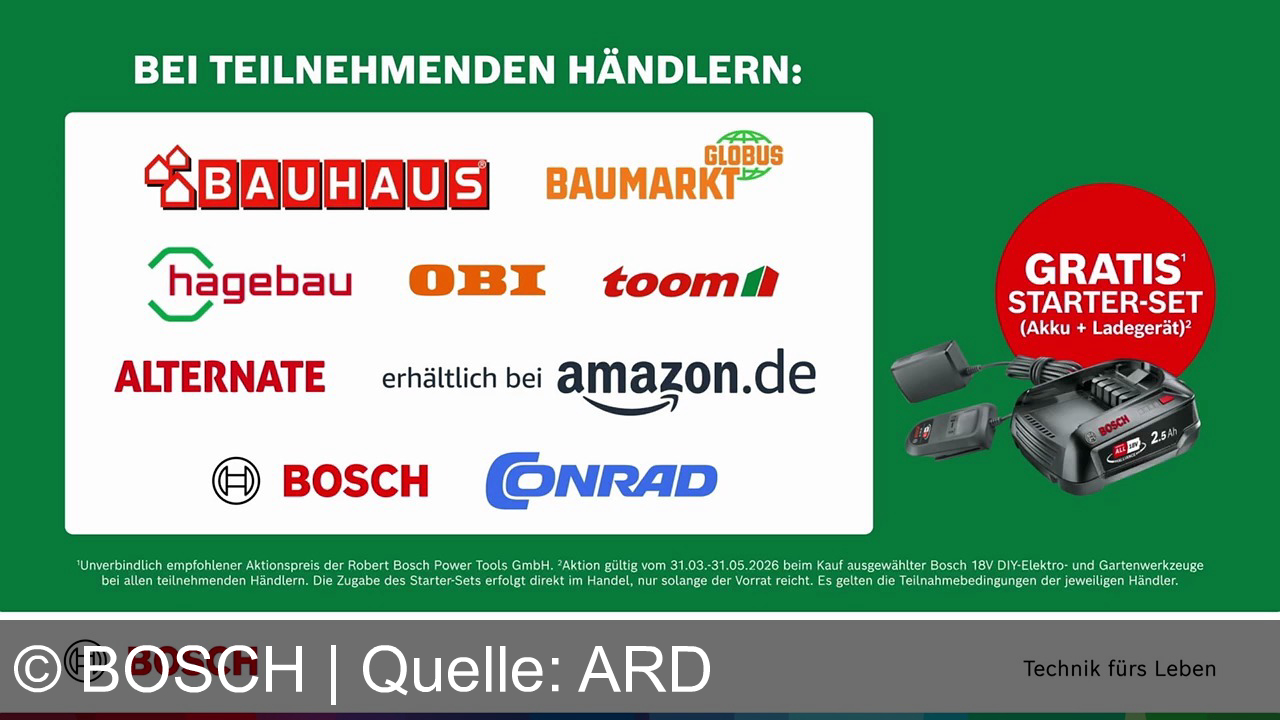 TV Werbung bosch - Jetzt gratis Starter-Set sichern: Akku + Ladegerät. Bosch Rasenmäher – wie ein Boss. Nur bei teilnehmenden Händlern wie OBI, Bauhaus & Co.