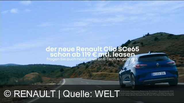 TV Werbung renault - Der neue Renault Clio SCe65 ist ab 119 € monatlich zu leasen. Renault Financial Services bietet auch E-Tech Angebote an. Gültig für Privatkunden vom 01.01.2023 bis 31.12.2023 bei allen Renault Partnern.