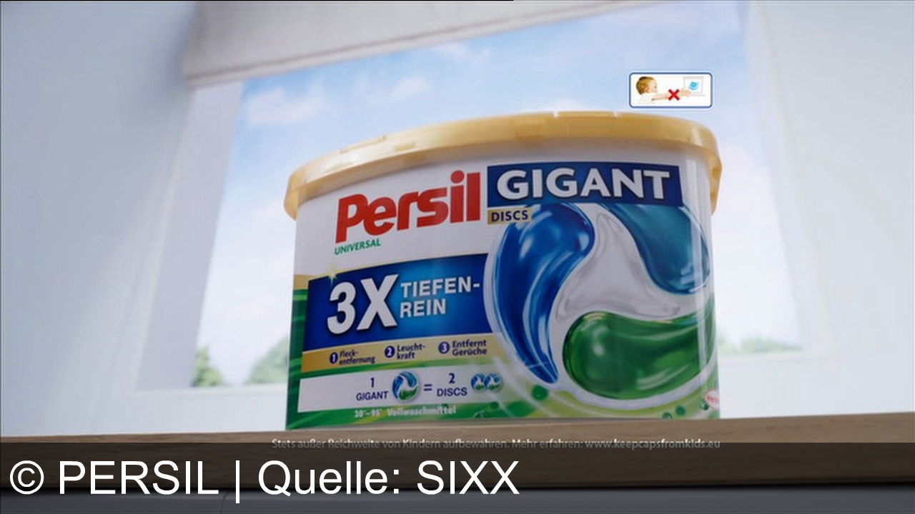TV Werbung persil - Gigantisch saubere Wäsche mit Persil Gigant Discs – stark gegen Flecken & Gerüche, für leuchtende Frische. Wenn es tiefenrein ist, ist es Persil. Stets außer Reichweite von Kindern aufbewahren!