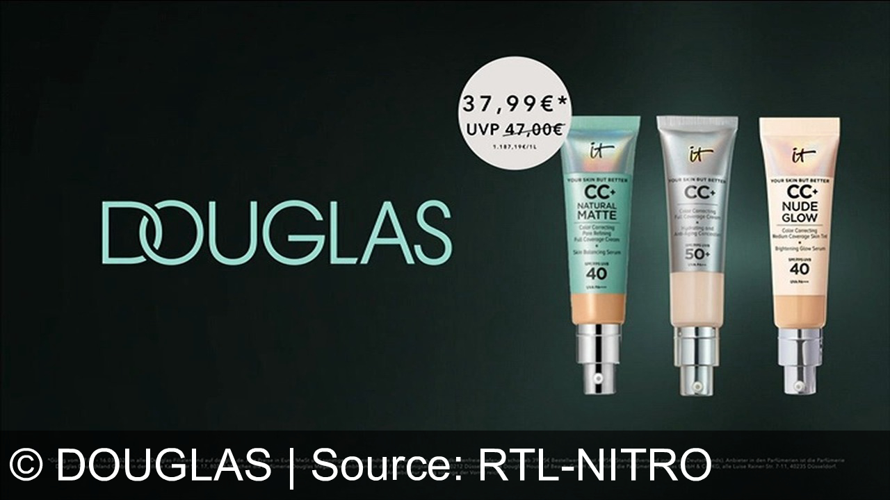 TV Werbung douglas - Strahle mit IT Cosmetics 3 in 1 CC Cream: Hohe Deckkraft, Anti-Aging und LSF 50 für dein schönstes Ich. Entdecke dein perfektes Finish bei Douglas – für natürliche Schönheit, die überzeugt!