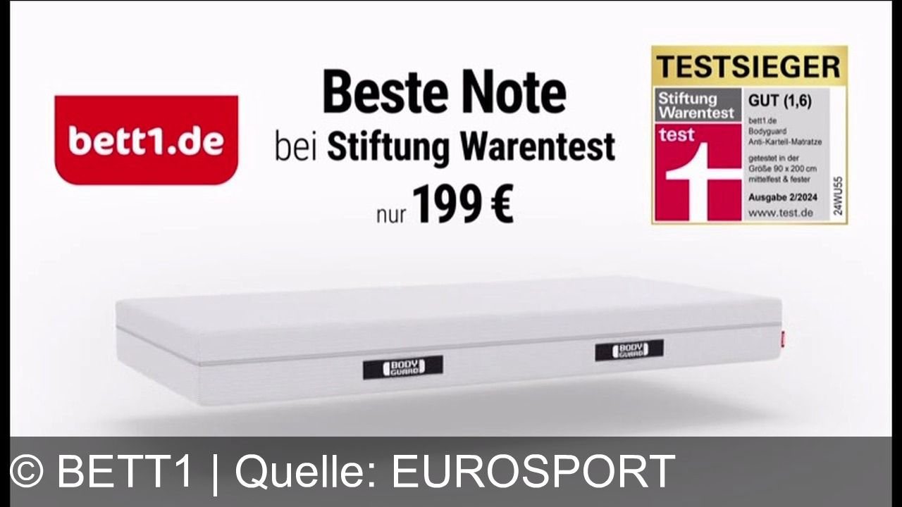 TV Werbung bett1 - Testsieger Bodyguard Anti-Kartell-Matratze (90x200 cm) für 199€ in mittelfest/fester Variante auf bett1.de. Details: Stiftung Warentest Note GUT (1,6), Ausgabe 2/2024, Testnr. 24WU55.