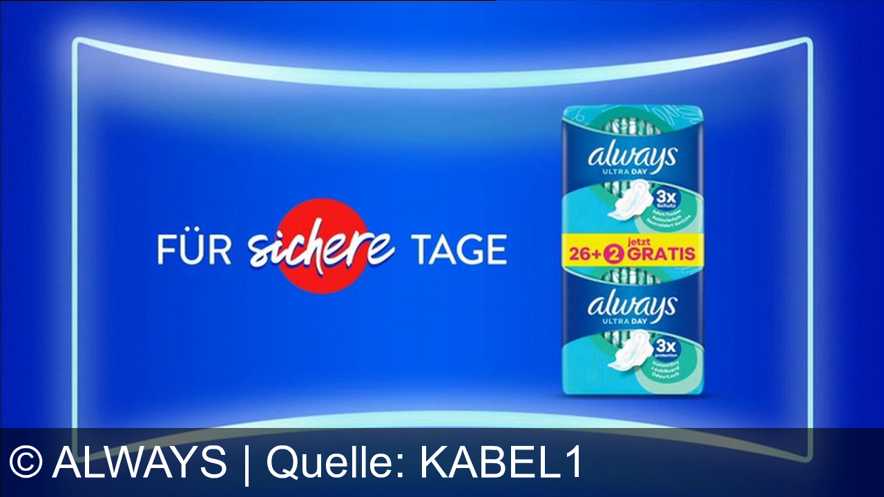 TV Werbung always - Always Ultra Binden bieten dreimal schnellere Flüssigkeitsaufnahme und bis zu 100% Auslaufschutz für sichere Tage. Jetzt neu: Always Ultra Day, 3x für sichere Tage, 26+2 gratis. Nie mehr Überraschungen!