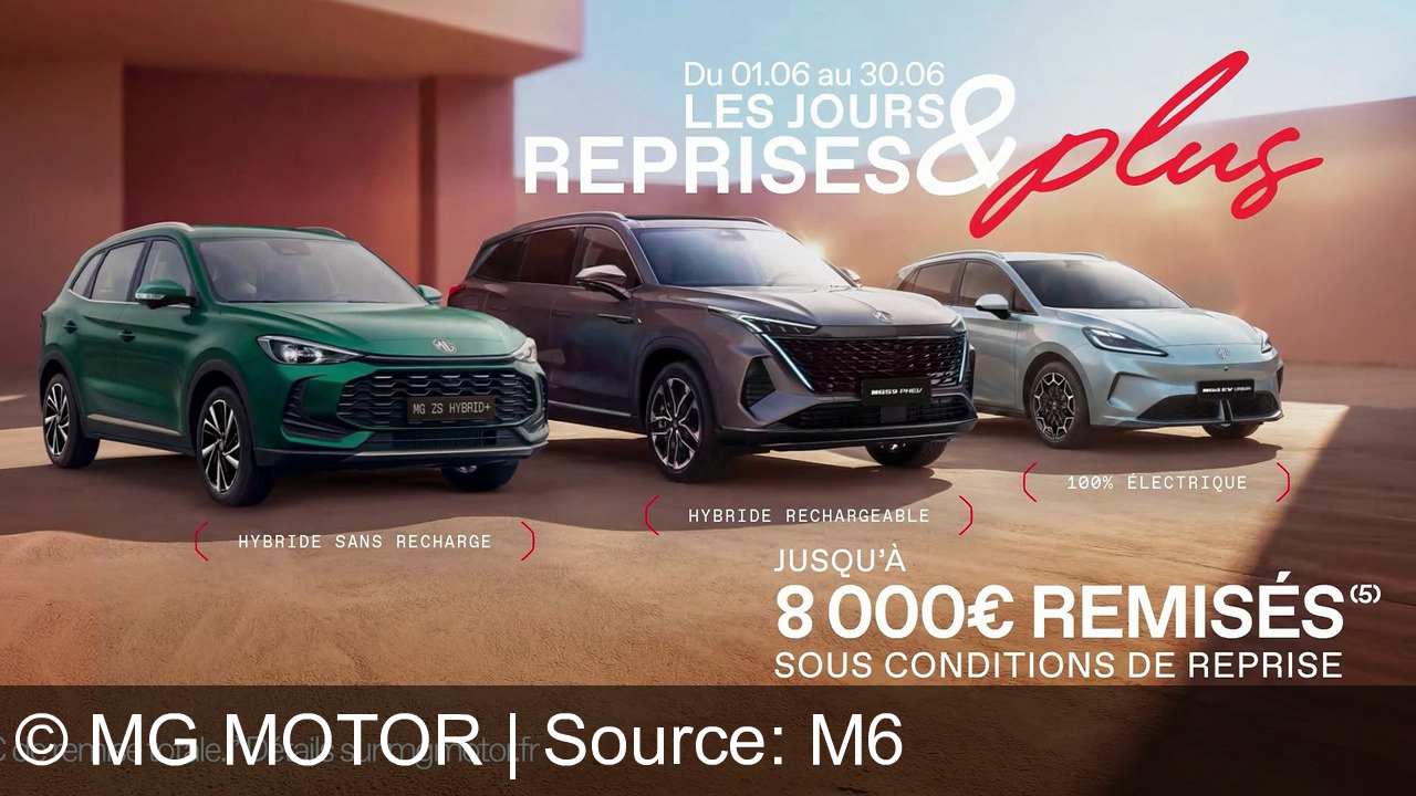 TV Werbung mg motor - Essayez, comparez, choisissez MG. Profitez de remises jusqu'à 8 000€ sur la gamme MG ZS Hybrid+, MG4 Recharge et MG S9. Jours Reprise & Plus, du 01/06 au 30/06.
