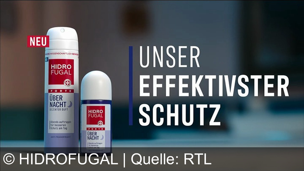 TV Werbung hidrofugal - Neu! Hydrofugal Forte über Nacht. Unsere spezielle Deo-Formel baut Ihren Schutz über Nacht auf und gibt dir maximale Sicherheit und Frische über den ganzen Tag. Neu! Hydrofugal Forte über Nacht. Unser effektivster Schutz gegen Schweiß.