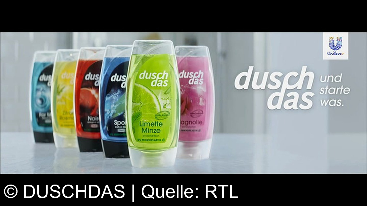 TV Werbung duschdas - Erlebe frische Energie am Morgen mit DUSCHDAS. Wähle aus Noir, Limette, Magnolie oder Minze. 0% Mikroplastik. Starte deinen Tag mit DUSCHDAS.