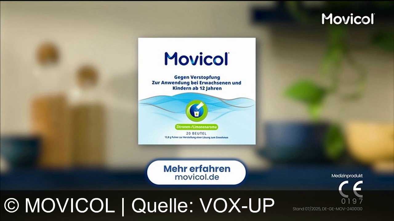 TV Werbung movicol - Movicol® – Für eine sanfte Lösung bei Verstopfung. Halte deinen Darm in Bewegung, egal wo du bist. Erlebe die Wirkung von Wasser mit Zitronen-/Limonenaroma. Mehr auf movicol.de.