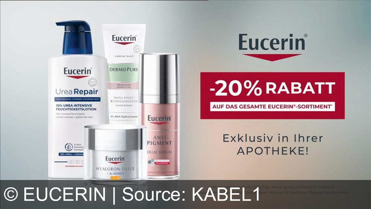 TV Werbung eucerin - Beiersdorf wirbt für seine Marke Eucerin in Östtreich mit: Entdecke das Eucerin Epigenetik-Serum mit Epicillin: Setze 10 Zeichen der Hautalterung zurück und sieh bis zu 5 Jahre jünger aus. Jetzt 20% Rabatt exklusiv in deiner Apotheke! Mit vielen Einblendungen und Argumenten.