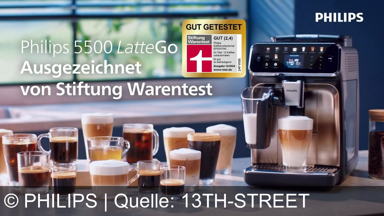 TV Werbung philips - Philips 5500 LatteGo: Frisch gemahlener Kaffeegenuss, cremiger Milchschaum – auf Knopfdruck. Schnell gereinigt, von Stiftung Warentest mit „GUT (2,4)“ bewertet. Kaffee, wie du ihn liebst!