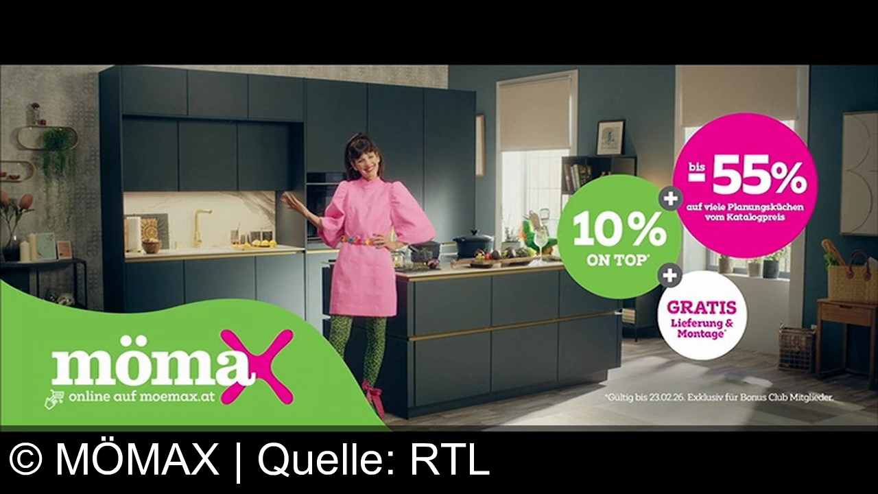 TV Werbung mömax - Mömax Küchen: Trendig, durchgeplant mit Stauraum, der den Vogel raushaut! 10% on top, gratis Lieferung & Montage für Bonus-Club-Mitglieder.