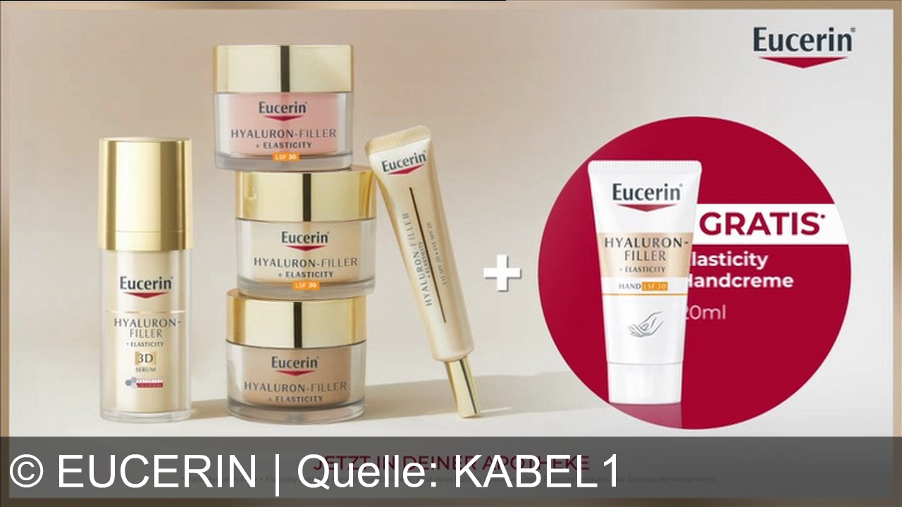 TV Werbung eucerin - Eucerin Hyaluron-Filler + Elasticity verbessert Elastizität, mildert tiefe Falten und reduziert Pigmentflecken. 92% bestätigen jüngeres Aussehen. Gratis Elasticity Handcreme zu jedem Kauf. Jetzt in deiner Apotheke.