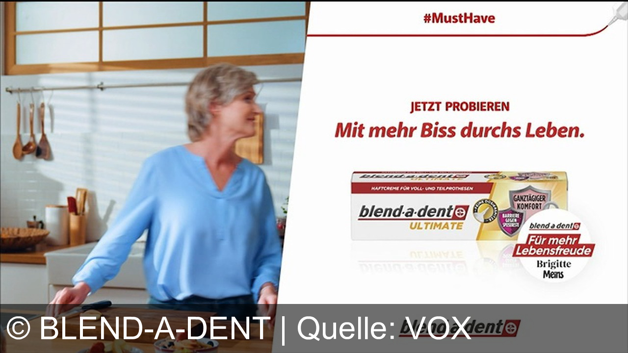 TV Werbung blend-a-dent - Mit Blend-a-dent Ultimate genießen Sie ganztägigen Komfort und mehr Lebensfreude – für sicheren Halt Ihrer Prothese, wie Brigitte im Spot beweist. Jetzt #MustHave ausprobieren!
