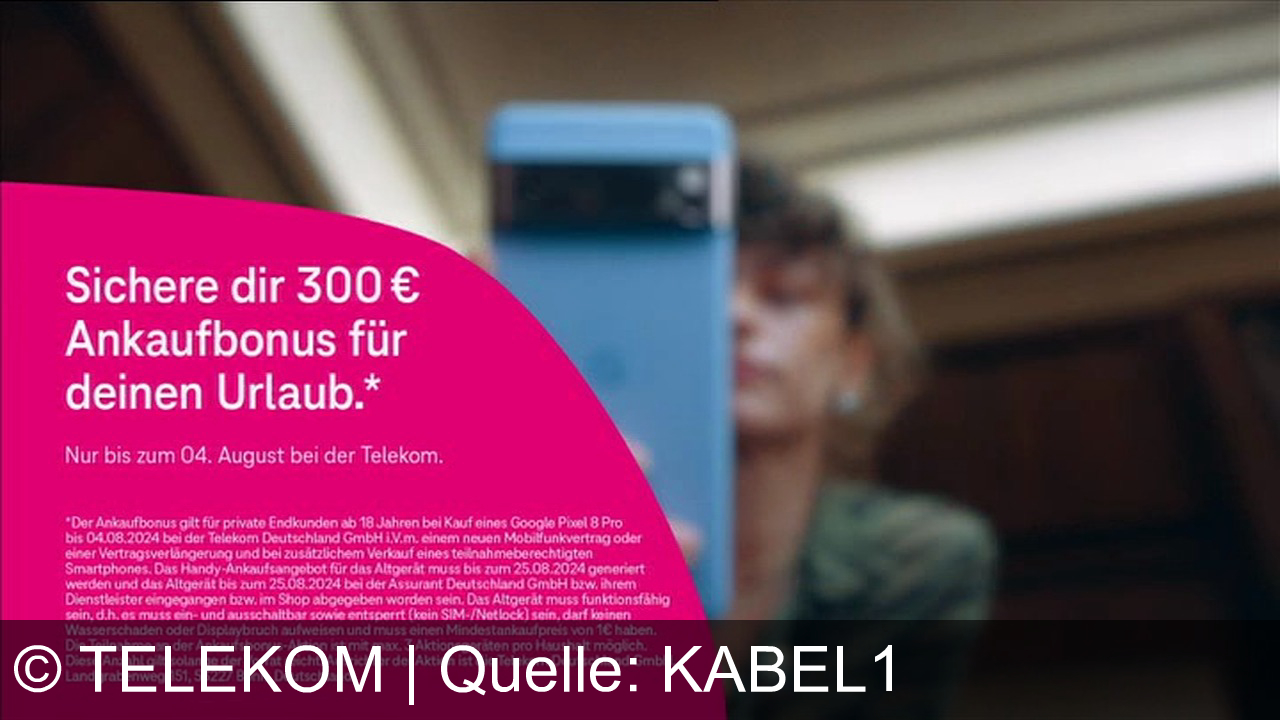 TV Werbung telekom - Sichere dir bis zum 04. August bei der Telekom 300 € Ankaufbonus für deinen Urlaub beim Kauf eines Google Pixel 8 Pro und Abschluss eines neuen Mobilfunkvertrags oder einer Vertragsverlängerung.