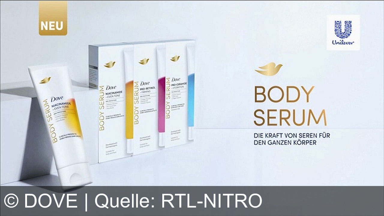 TV Werbung dove - Dove Body Serum: Die Kraft von Niacinamid, Pro-Retinol und Pro-Ceramide für sichtbar glattere, strahlende Haut am ganzen Körper. Neu von Dove und Unilever.