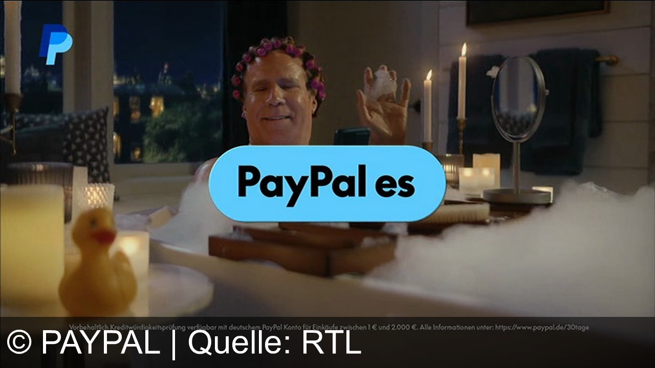 TV Werbung paypal - Der Schauspieler und PayPal-Testimonial Will Ferrell diesmal shoppend in der Badewanne:  Mit PayPal entspannt im Bad Geschenke shoppen, sicher kaufen und erst in 30 Tagen zahlen – Weihnachten kommt, PayPal es!