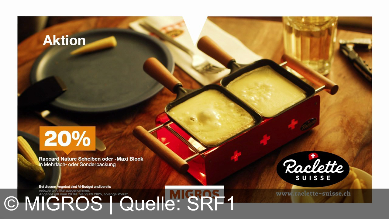 TV Werbung migros - Raclette Suisse genießen, Freunde lachen – jetzt bei Migros 20% Rabatt auf Raccard Nature! Echtes Raclette-Feeling, nur solange Vorrat!